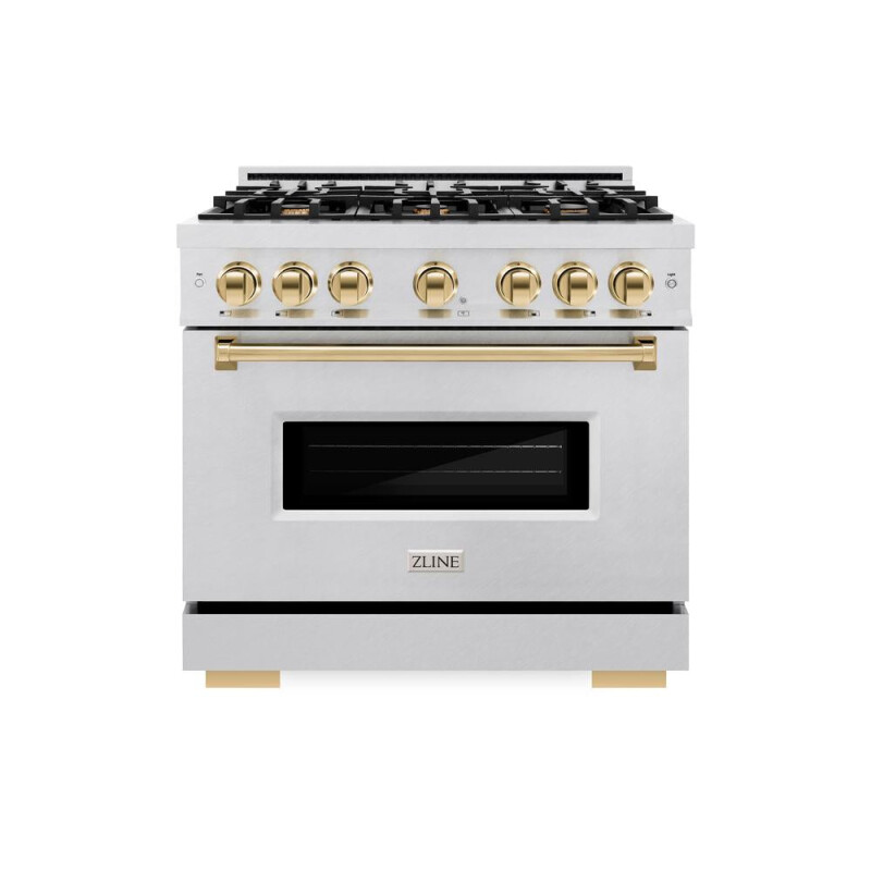 Autograph Edition 36 In. 5.2 Cu. Ft. Classic Gas Range With 6 Burner Cooktop And Convection Gas Oven In Satin Stainless Steel And Polished Gold Accents CGRSZ36G