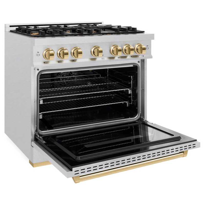 Autograph Edition 36 In. 5.2 Cu. Ft. Classic Gas Range With 6 Burner Cooktop And Convection Gas Oven In Satin Stainless Steel And Polished Gold Accents CGRSZ36G