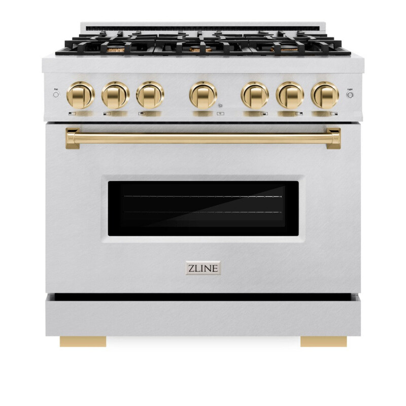 Autograph Edition 36 In. 5.2 Cu. Ft. Classic Gas Range With 6 Burner Cooktop And Convection Gas Oven In Satin Stainless Steel And Polished Gold Accents CGRSZ36G