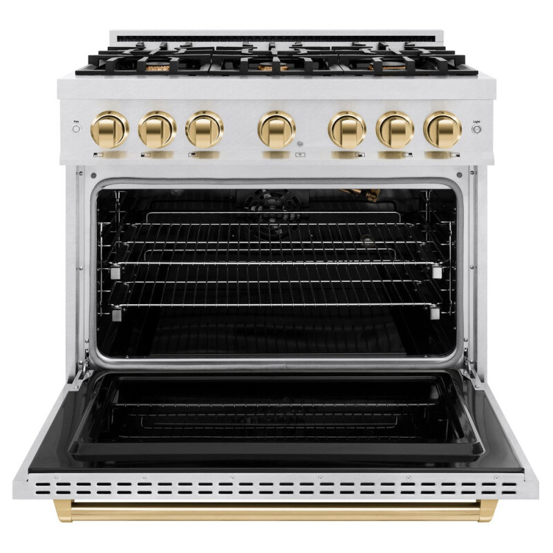 Autograph Edition 36 In. 5.2 Cu. Ft. Classic Gas Range With 6 Burner Cooktop And Convection Gas Oven In Satin Stainless Steel And Polished Gold Accents CGRSZ36G