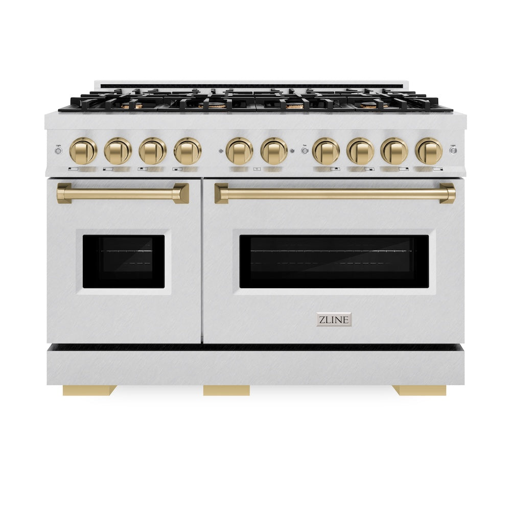 Autograph Edition 48 In. 6.7 Cu. Ft. Classic Double Oven Gas Range With 8 Burner Cooktop In Satin Stainless Steel And Champagne Bronze Accents CGRSZ48CB