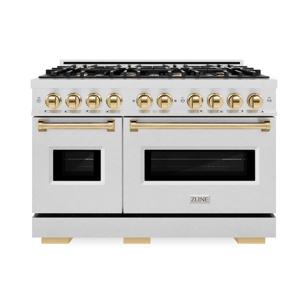 Autograph Edition 48 In. 6.7 Cu. Ft. Classic Double Oven Gas Range With 8 Burner Cooktop In Satin Stainless Steel And Polished Gold Accents CGRSZ48G