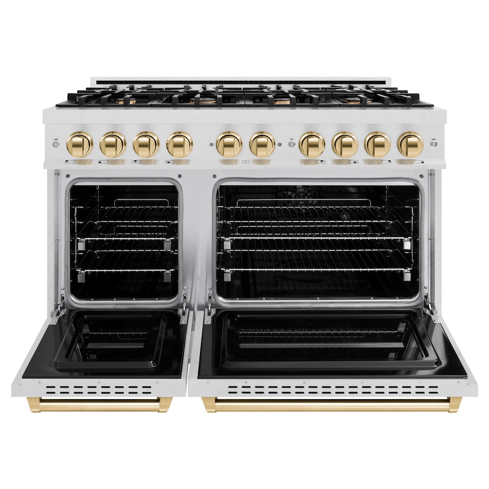 Autograph Edition 48 In. 6.7 Cu. Ft. Classic Double Oven Gas Range With 8 Burner Cooktop In Satin Stainless Steel And Polished Gold Accents CGRSZ48G