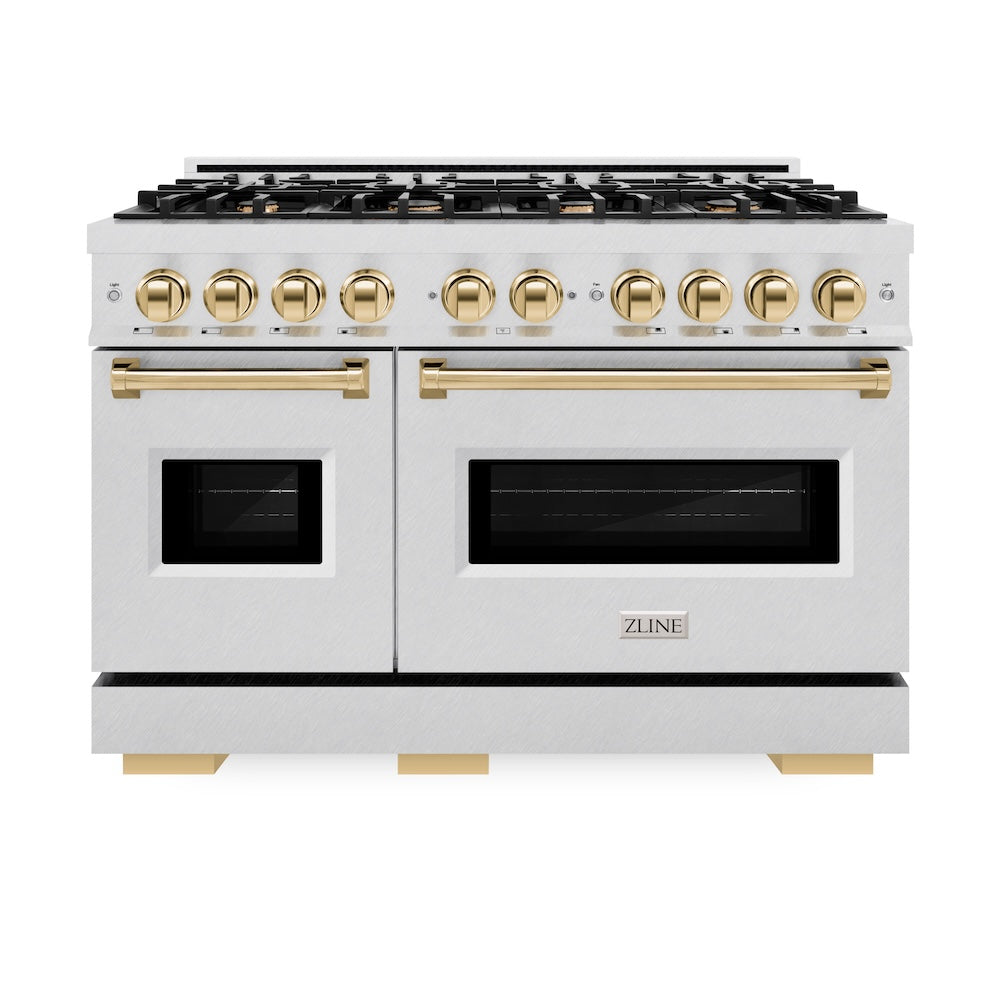 Autograph Edition 48 In. 6.7 Cu. Ft. Classic Double Oven Gas Range With 8 Burner Cooktop In Satin Stainless Steel And Polished Gold Accents CGRSZ48G