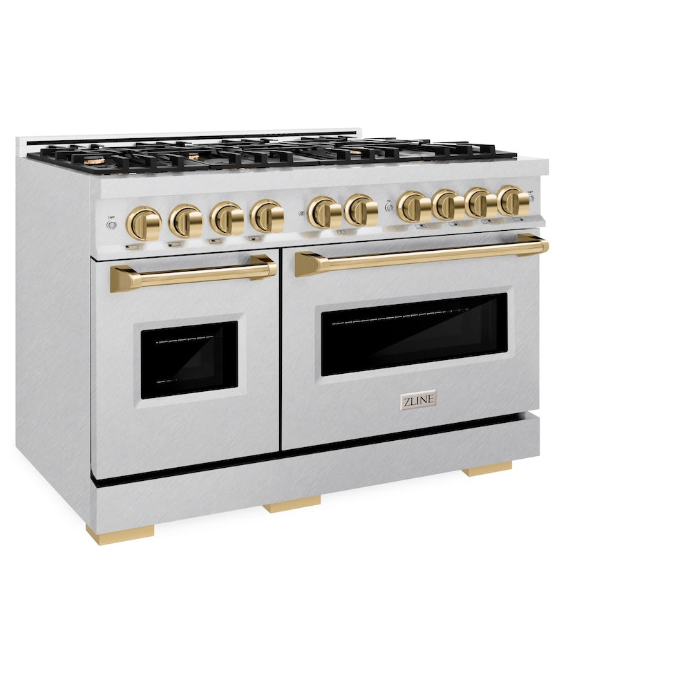 Autograph Edition 48 In. 6.7 Cu. Ft. Classic Double Oven Gas Range With 8 Burner Cooktop In Satin Stainless Steel And Polished Gold Accents CGRSZ48G