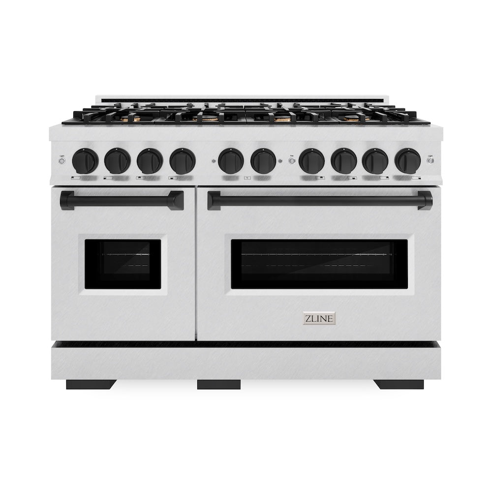 Autograph Edition 48 In. 6.7 Cu. Ft. Classic Double Oven Gas Range With 8 Burner Cooktop In Satin Stainless Steel And Matte Black Accents CGRSZ48MB