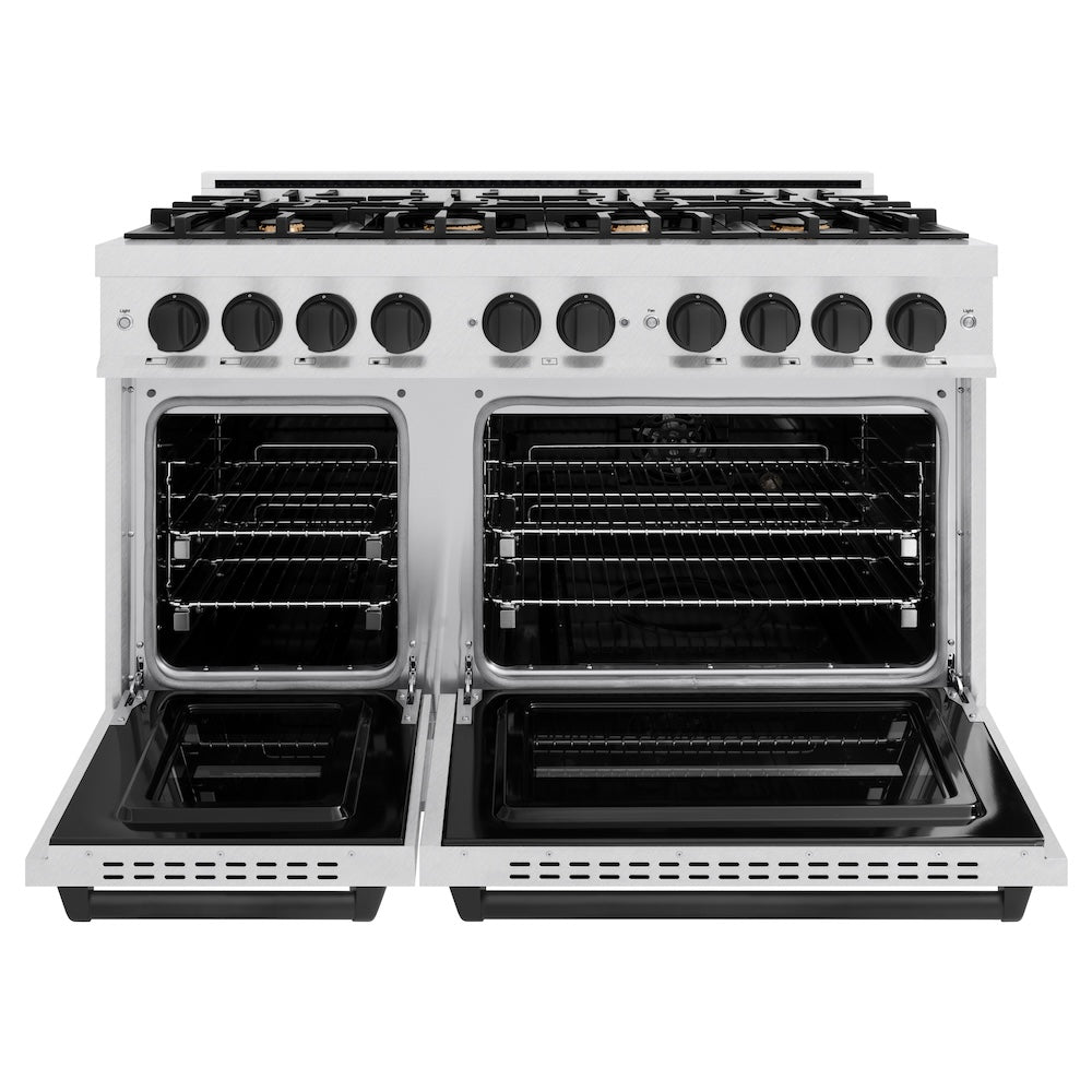 Autograph Edition 48 In. 6.7 Cu. Ft. Classic Double Oven Gas Range With 8 Burner Cooktop In Satin Stainless Steel And Matte Black Accents CGRSZ48MB
