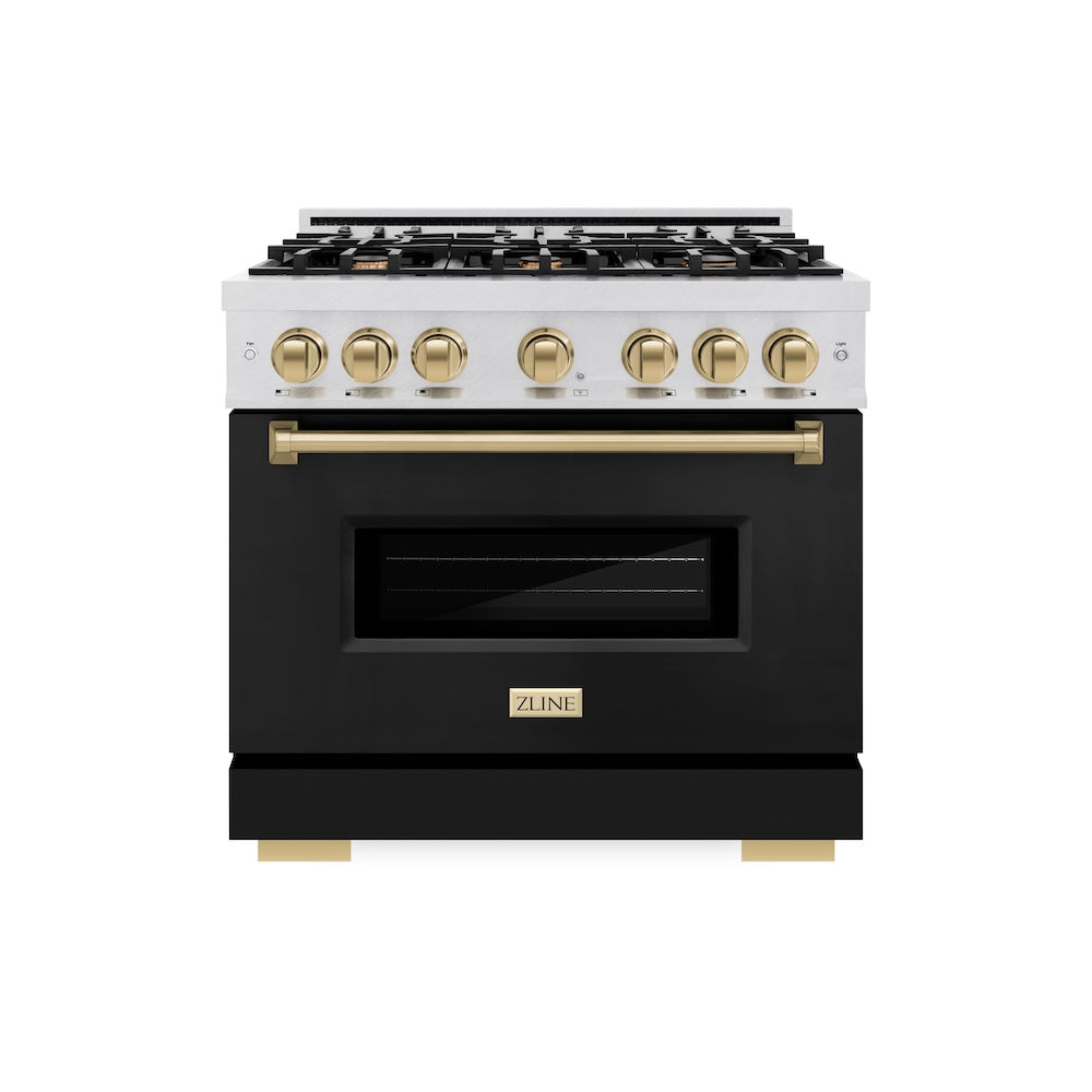 Autograph Edition 36 In. 5.2 Cu. Ft. Classic Gas Range With 6 Burner Cooktop And Convection Gas Oven In Satin Stainless Steel With Black Matte Door And Champagne Bronze Accents CGRSZBLM36CB