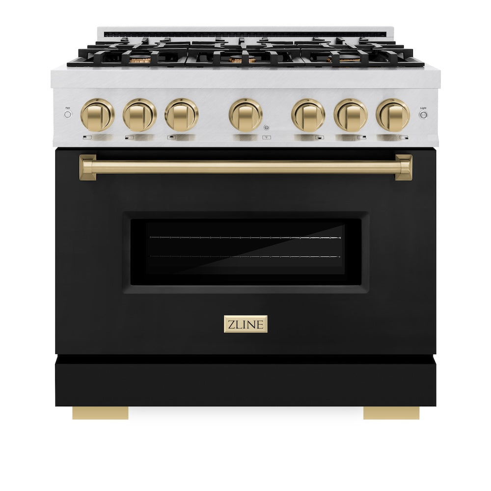 Autograph Edition 36 In. 5.2 Cu. Ft. Classic Gas Range With 6 Burner Cooktop And Convection Gas Oven In Satin Stainless Steel With Black Matte Door And Champagne Bronze Accents CGRSZBLM36CB