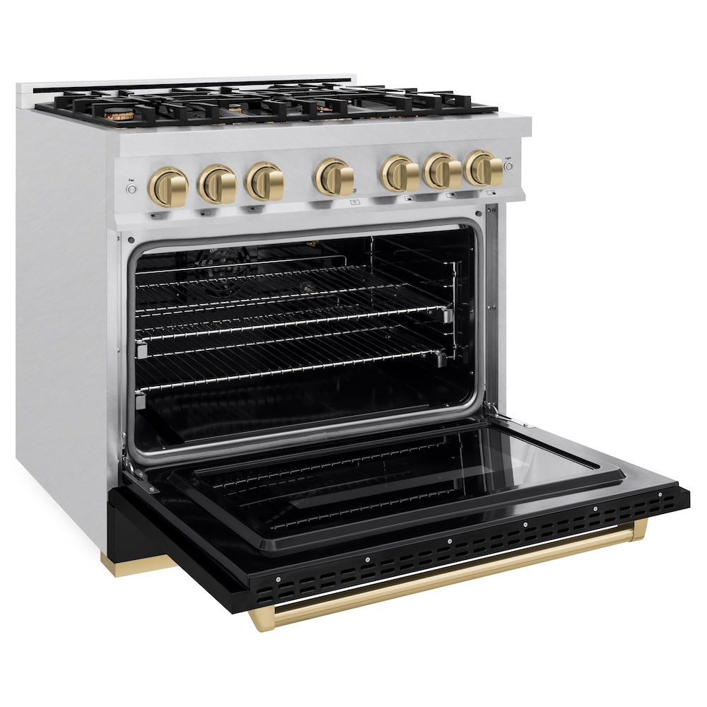 Autograph Edition 36 In. 5.2 Cu. Ft. Classic Gas Range With 6 Burner Cooktop And Convection Gas Oven In Satin Stainless Steel With Black Matte Door And Champagne Bronze Accents CGRSZBLM36CB