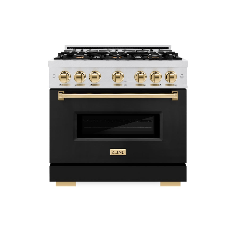 Autograph Edition 36 In. 5.2 Cu. Ft. Classic Gas Range With 6 Burner Cooktop And Convection Gas Oven In Satin Stainless Steel With Black Matte Door And Polished Gold Accents CGRSZBLM36G