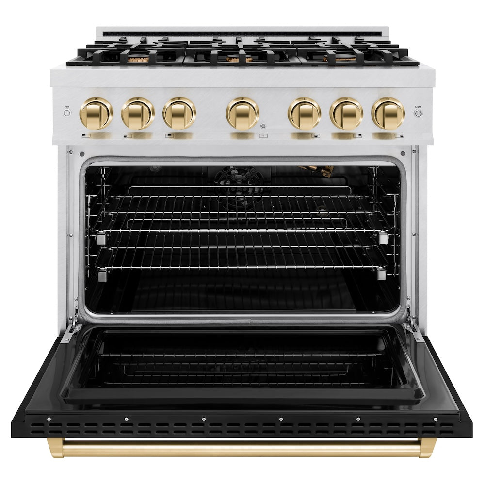 Autograph Edition 36 In. 5.2 Cu. Ft. Classic Gas Range With 6 Burner Cooktop And Convection Gas Oven In Satin Stainless Steel With Black Matte Door And Polished Gold Accents CGRSZBLM36G
