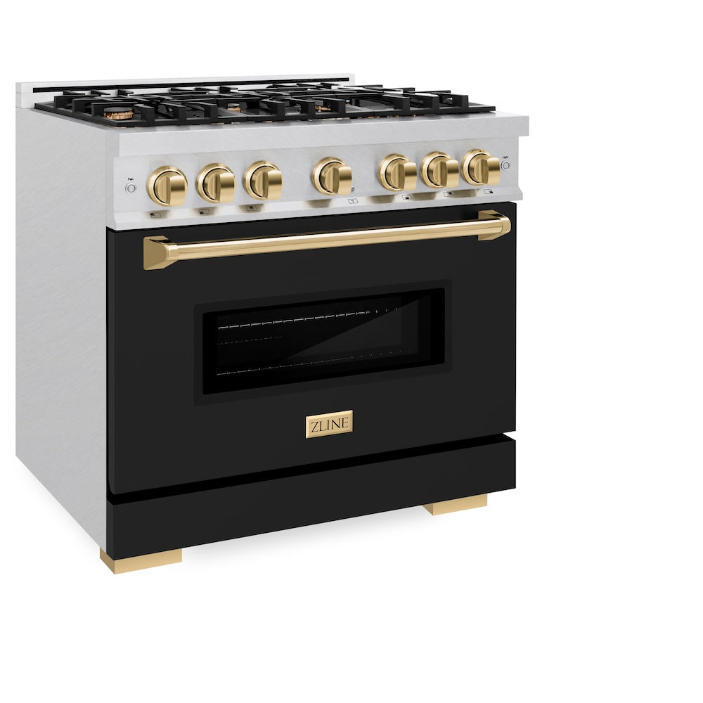 Autograph Edition 36 In. 5.2 Cu. Ft. Classic Gas Range With 6 Burner Cooktop And Convection Gas Oven In Satin Stainless Steel With Black Matte Door And Polished Gold Accents CGRSZBLM36G