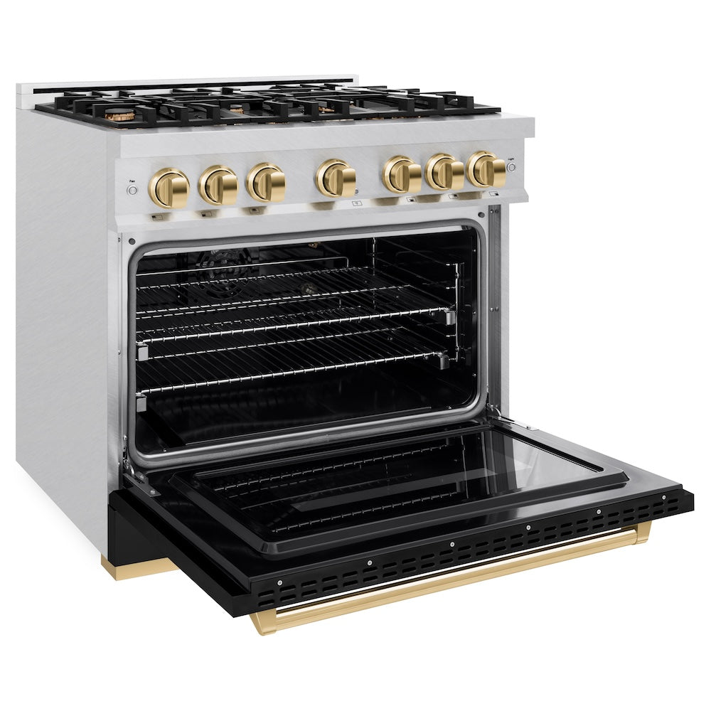 Autograph Edition 36 In. 5.2 Cu. Ft. Classic Gas Range With 6 Burner Cooktop And Convection Gas Oven In Satin Stainless Steel With Black Matte Door And Polished Gold Accents CGRSZBLM36G