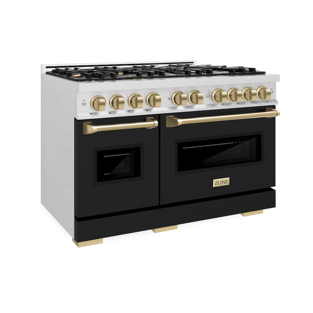 Autograph Edition 48 In. 6.7 Cu. Ft. Classic Double Oven Gas Range With 8 Burner Cooktop In Satin Stainless Steel With Black Matte Doors And Champagne Bronze Accents CGRSZBLM48CB