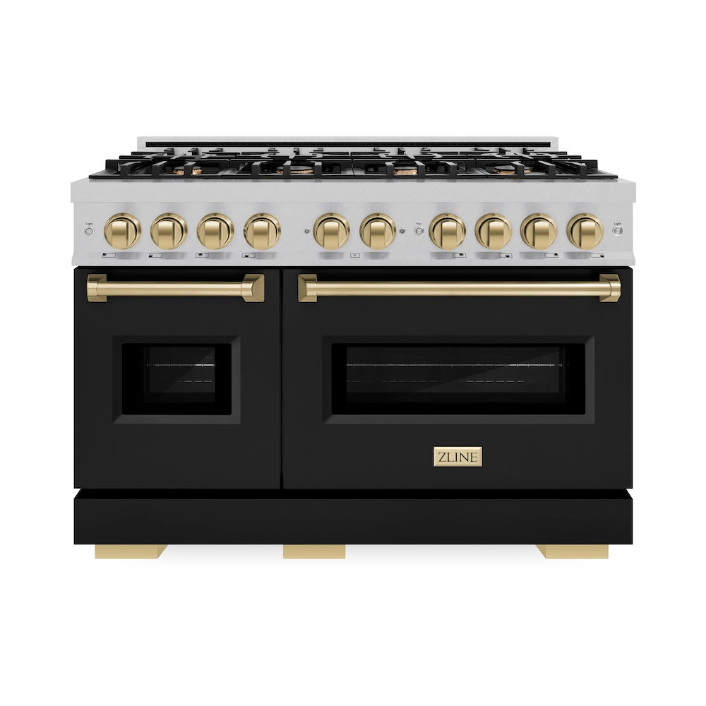 Autograph Edition 48 In. 6.7 Cu. Ft. Classic Double Oven Gas Range With 8 Burner Cooktop In Satin Stainless Steel With Black Matte Doors And Champagne Bronze Accents CGRSZBLM48CB