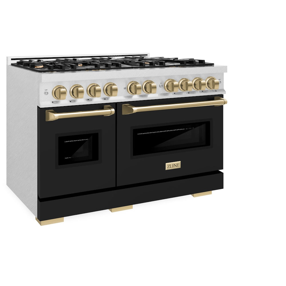 Autograph Edition 48 In. 6.7 Cu. Ft. Classic Double Oven Gas Range With 8 Burner Cooktop In Satin Stainless Steel With Black Matte Doors And Champagne Bronze Accents CGRSZBLM48CB