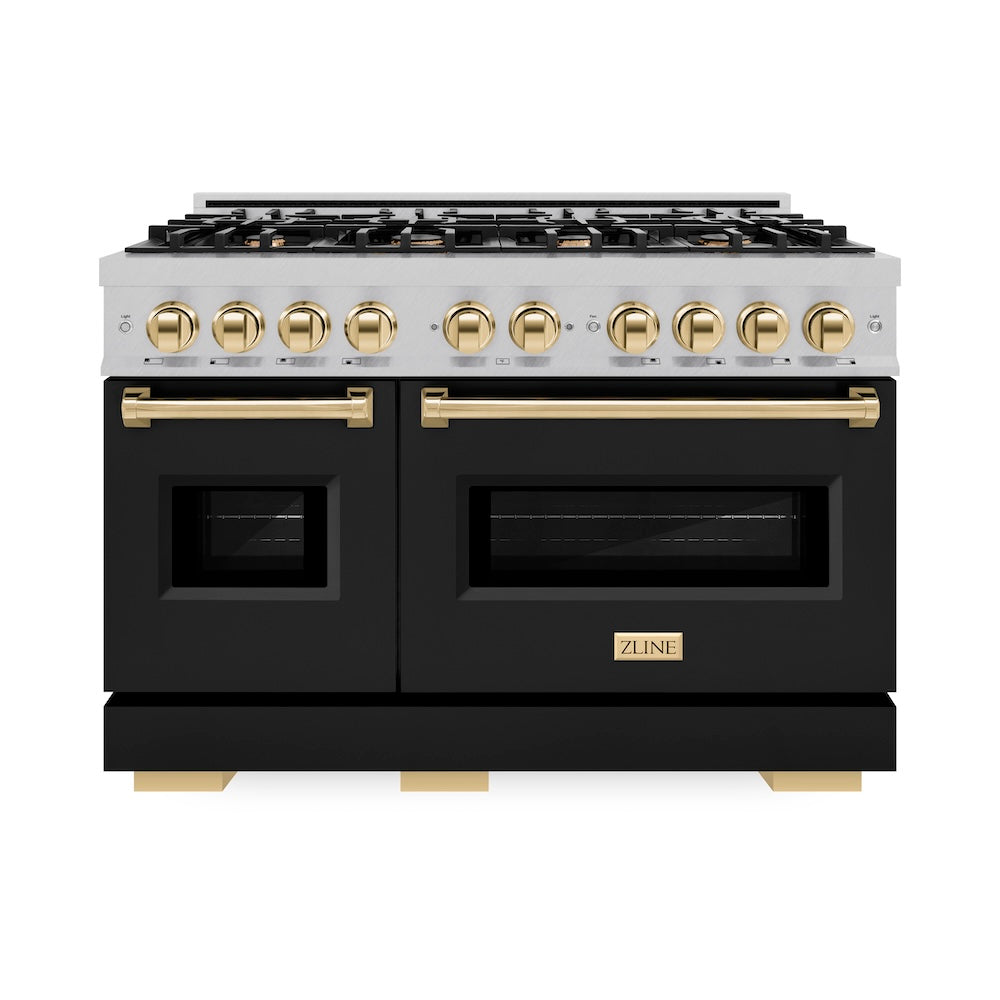 Autograph Edition 48 In. 6.7 Cu. Ft. Classic Double Oven Gas Range With 8 Burner Cooktop In Satin Stainless Steel With Black Matte Doors And Polished Gold Accents CGRSZBLM48G