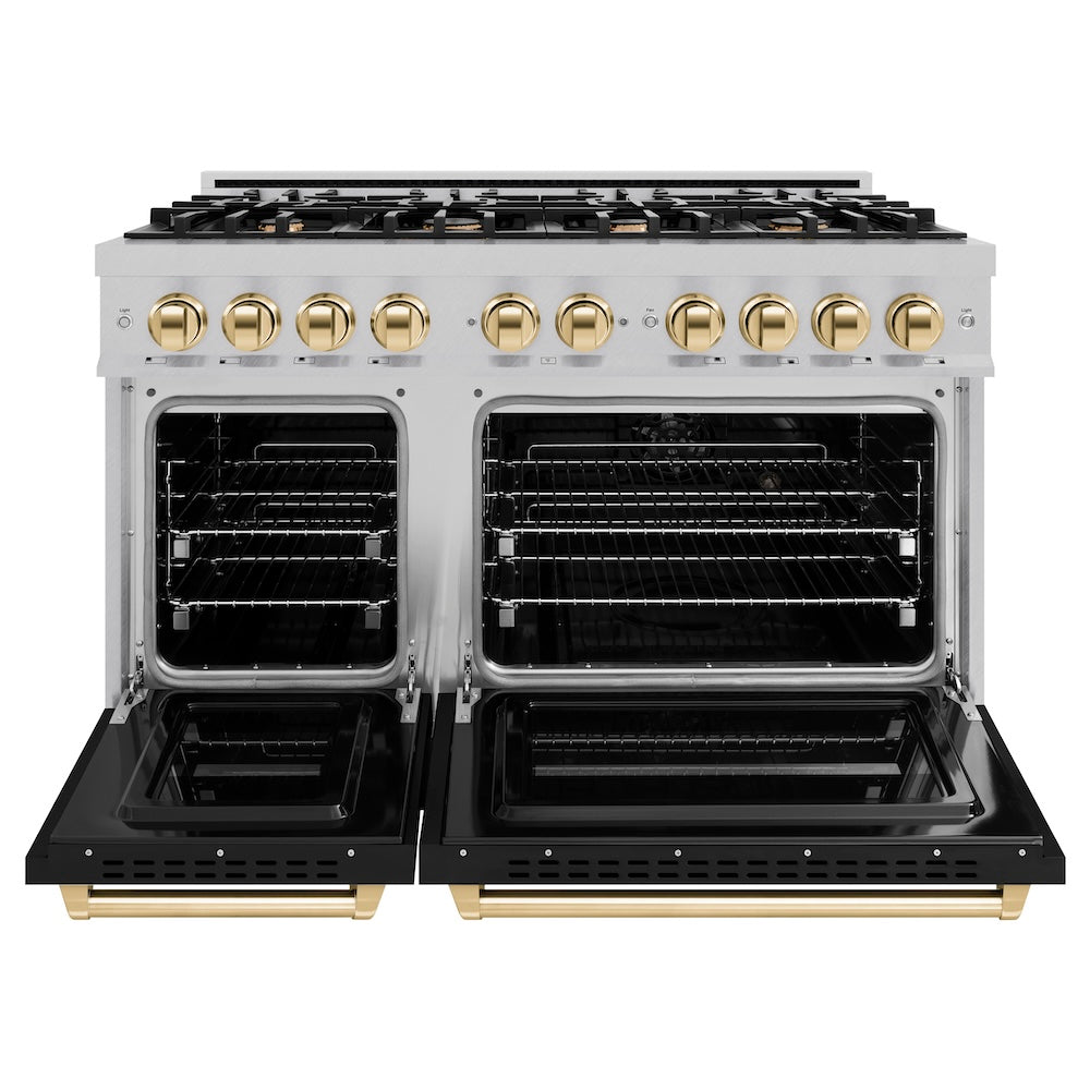 Autograph Edition 48 In. 6.7 Cu. Ft. Classic Double Oven Gas Range With 8 Burner Cooktop In Satin Stainless Steel With Black Matte Doors And Polished Gold Accents CGRSZBLM48G