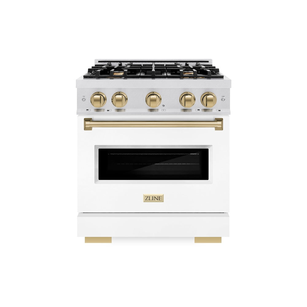 Autograph Edition 30 In. 4.2 Cu. Ft. Classic Gas Range With 4 Burner Cooktop And Convection Gas Oven In Satin Stainless Steel With White Matte Door And Champagne Bronze Accents CGRSZWM30CB