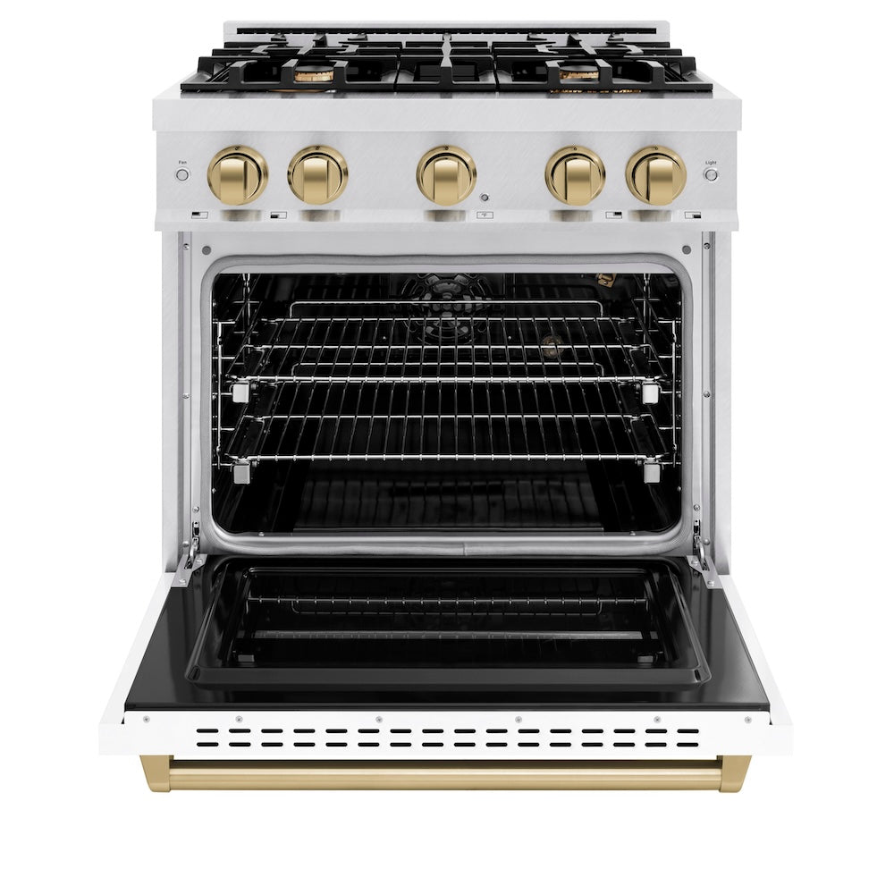 Autograph Edition 30 In. 4.2 Cu. Ft. Classic Gas Range With 4 Burner Cooktop And Convection Gas Oven In Satin Stainless Steel With White Matte Door And Champagne Bronze Accents CGRSZWM30CB