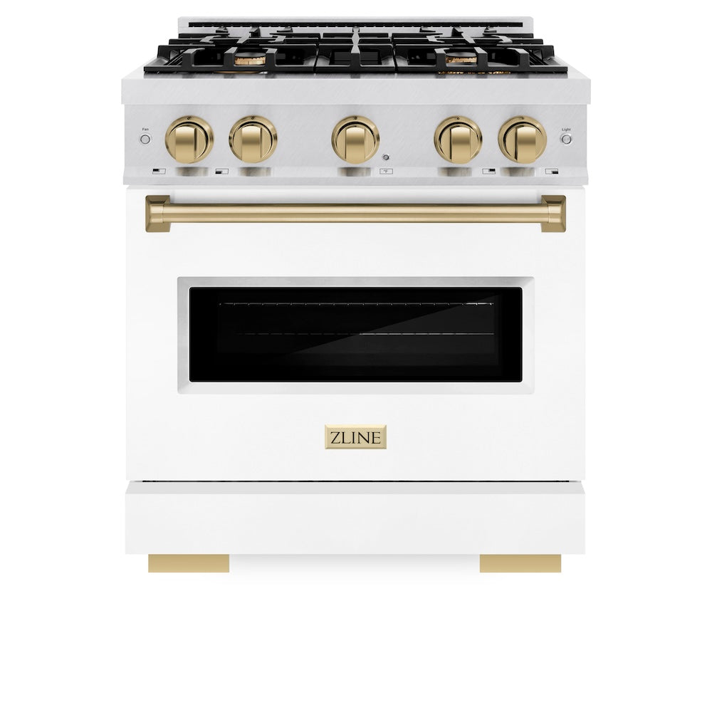 Autograph Edition 30 In. 4.2 Cu. Ft. Classic Gas Range With 4 Burner Cooktop And Convection Gas Oven In Satin Stainless Steel With White Matte Door And Champagne Bronze Accents CGRSZWM30CB