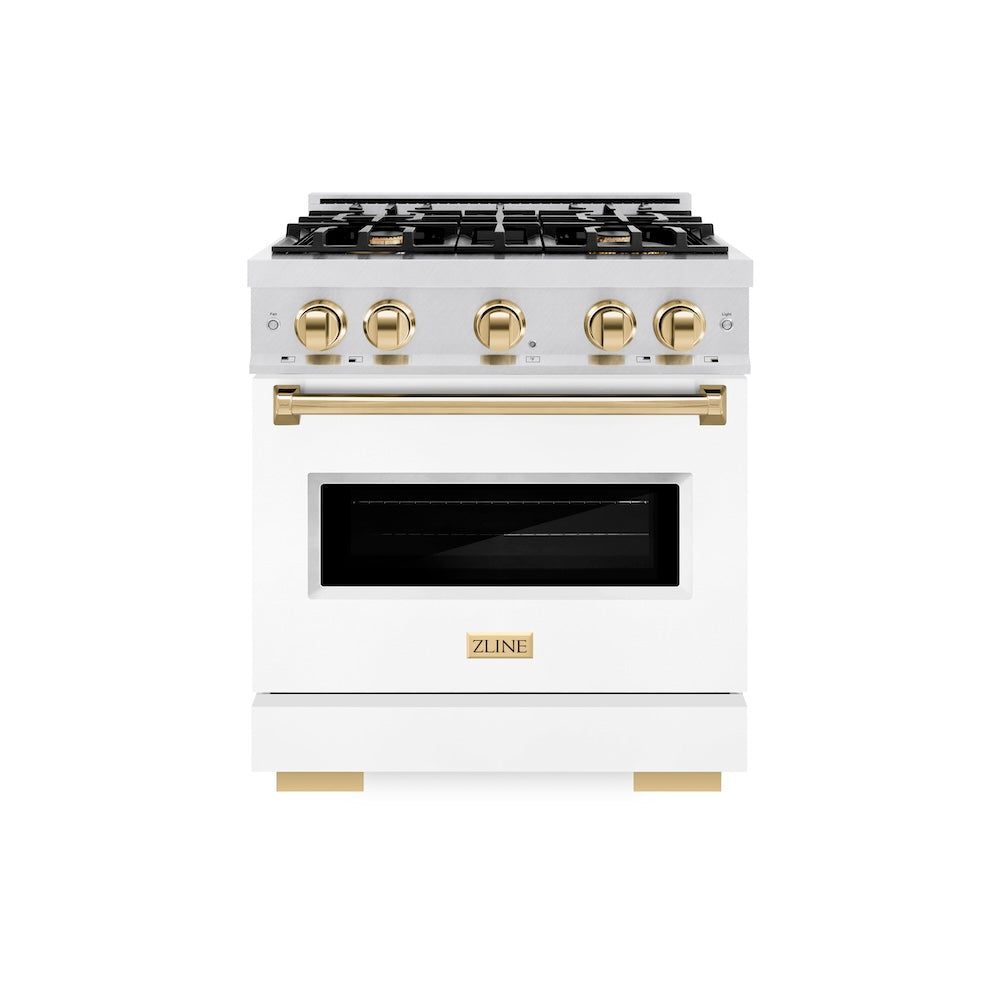 Autograph Edition 30 In. 4.2 Cu. Ft. Classic Gas Range With 4 Burner Cooktop And Convection Gas Oven In Satin Stainless Steel With White Matte Door And Polished Gold Accents CGRSZWM30G