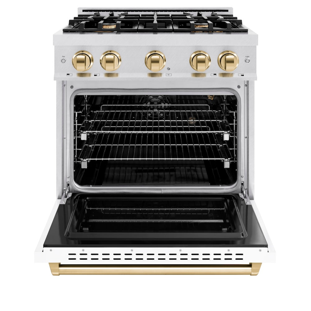Autograph Edition 30 In. 4.2 Cu. Ft. Classic Gas Range With 4 Burner Cooktop And Convection Gas Oven In Satin Stainless Steel With White Matte Door And Polished Gold Accents CGRSZWM30G