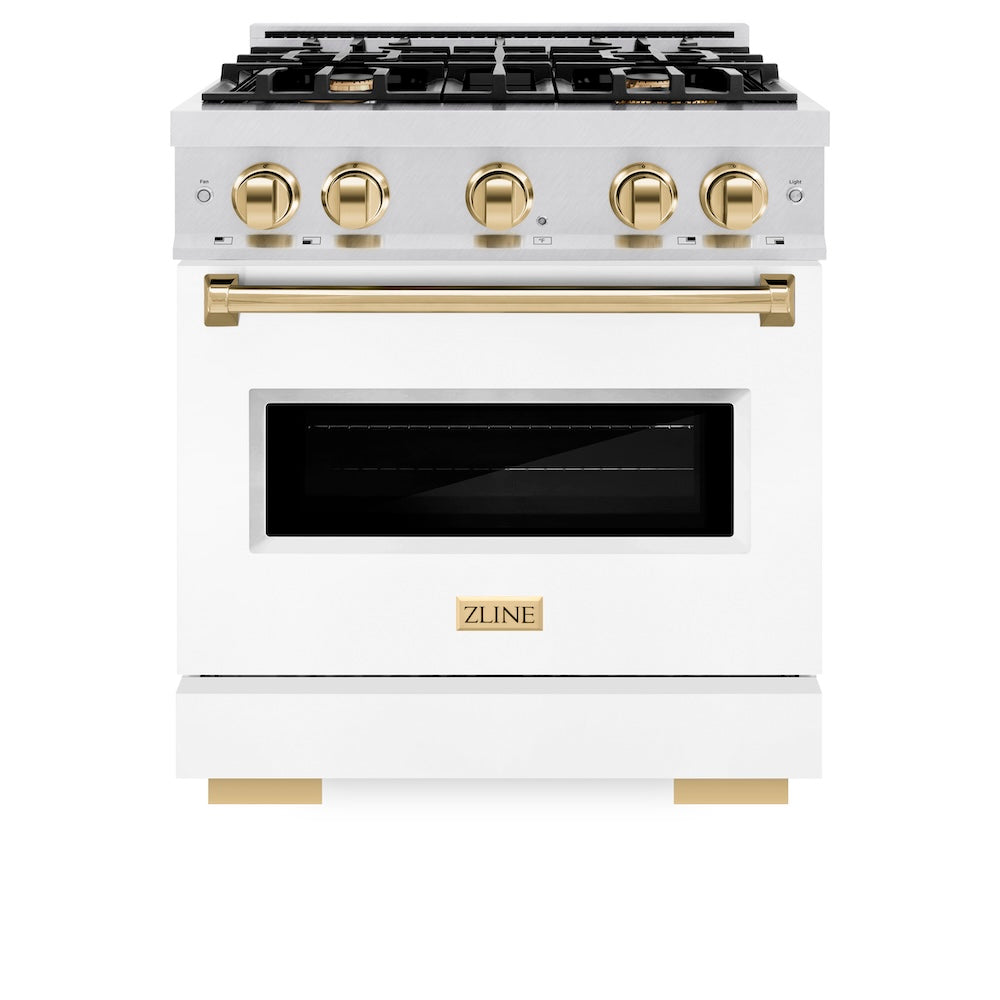 Autograph Edition 30 In. 4.2 Cu. Ft. Classic Gas Range With 4 Burner Cooktop And Convection Gas Oven In Satin Stainless Steel With White Matte Door And Polished Gold Accents CGRSZWM30G