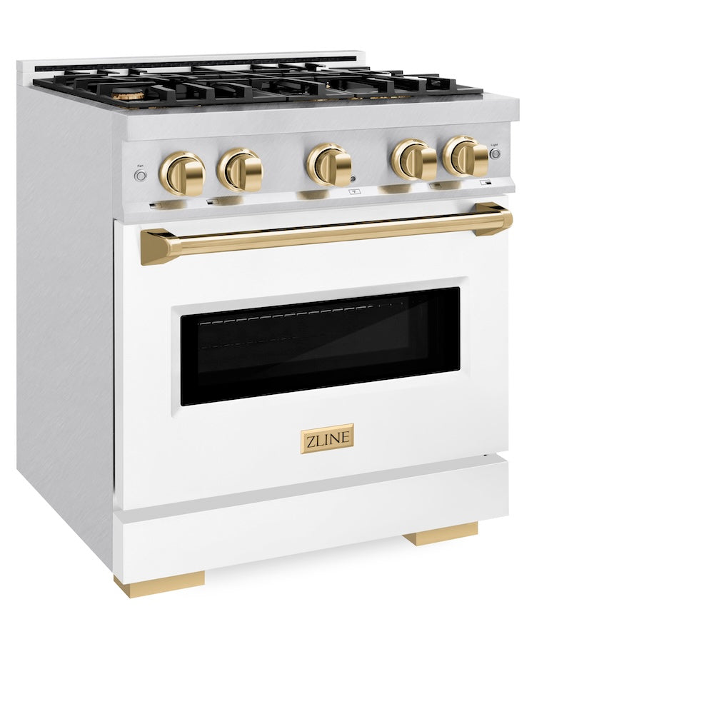 Autograph Edition 30 In. 4.2 Cu. Ft. Classic Gas Range With 4 Burner Cooktop And Convection Gas Oven In Satin Stainless Steel With White Matte Door And Polished Gold Accents CGRSZWM30G