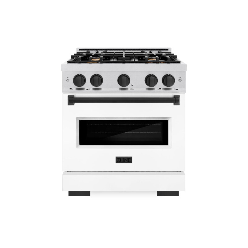 Autograph Edition 30 In. 4.2 Cu. Ft. Classic Gas Range With 4 Burner Cooktop And Convection Gas Oven In Satin Stainless Steel With White Matte Door And Matte Black Accents CGRSZWM30MB