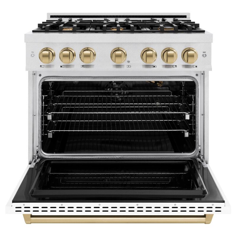 Autograph Edition 36 In. 5.2 Cu. Ft. Classic Gas Range With 6 Burner Cooktop And Convection Gas Oven In Satin Stainless Steel With White Matte Door And Champagne Bronze Accents CGRSZWM36CB
