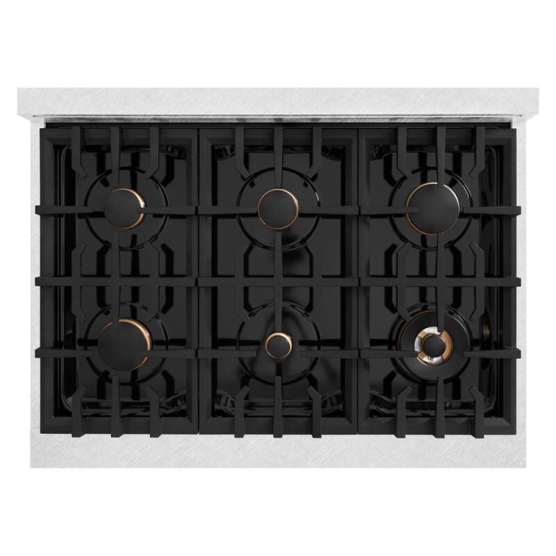 Autograph Edition 36 In. 5.2 Cu. Ft. Classic Gas Range With 6 Burner Cooktop And Convection Gas Oven In Satin Stainless Steel With White Matte Door And Champagne Bronze Accents CGRSZWM36CB