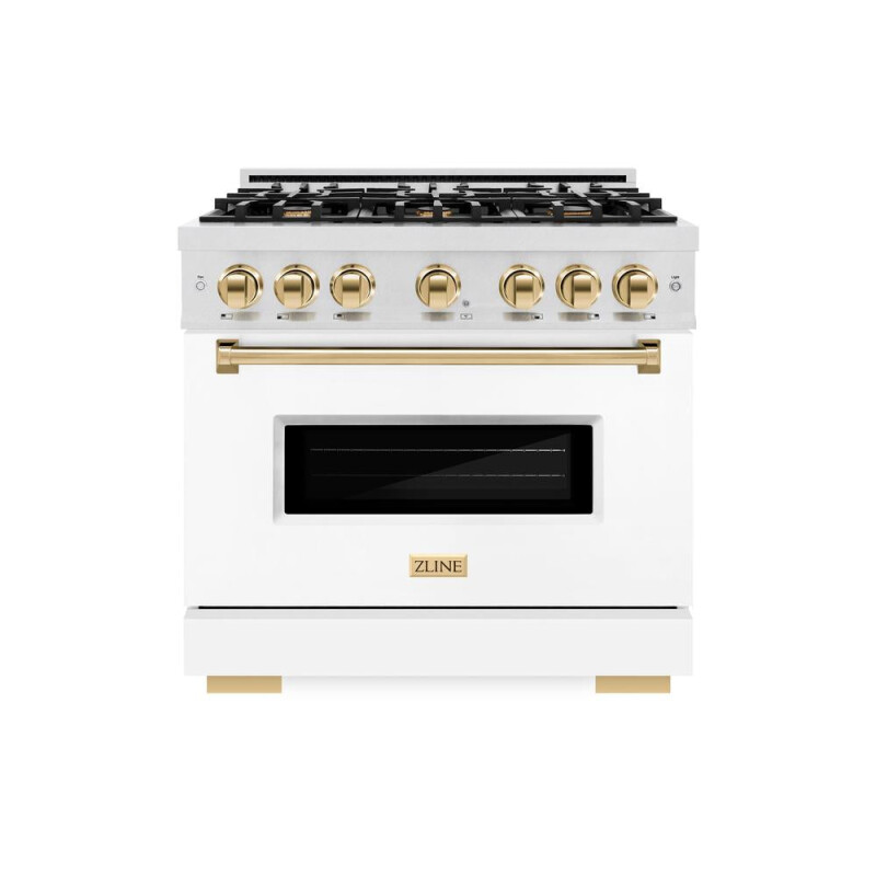Autograph Edition 36 In. 5.2 Cu. Ft. Classic Gas Range With 6 Burner Cooktop And Convection Gas Oven In Satin Stainless Steel With White Matte Door And Polished Gold Accents CGRSZWM36G