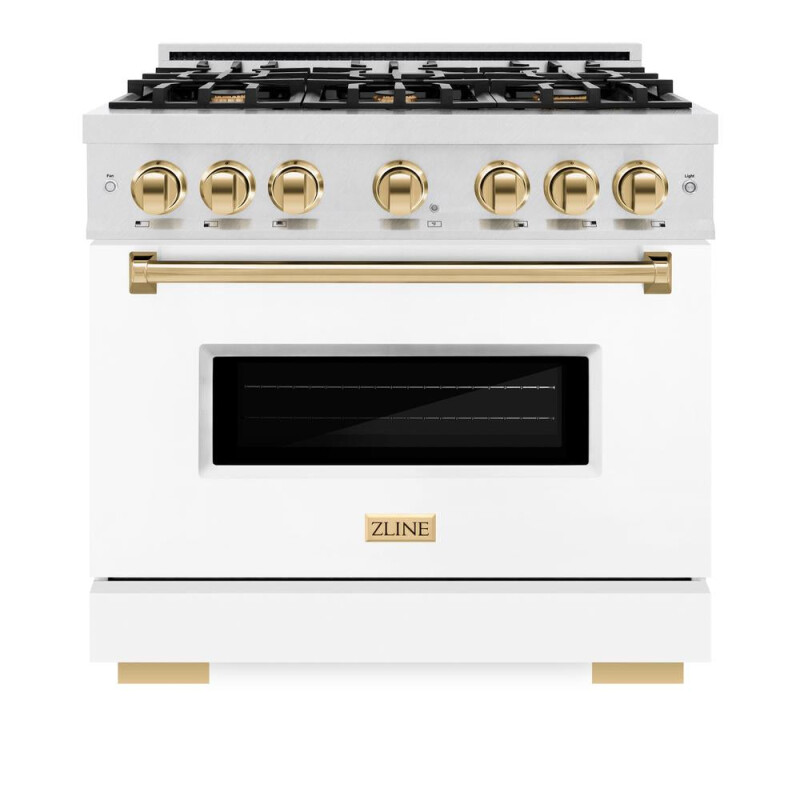 Autograph Edition 36 In. 5.2 Cu. Ft. Classic Gas Range With 6 Burner Cooktop And Convection Gas Oven In Satin Stainless Steel With White Matte Door And Polished Gold Accents CGRSZWM36G