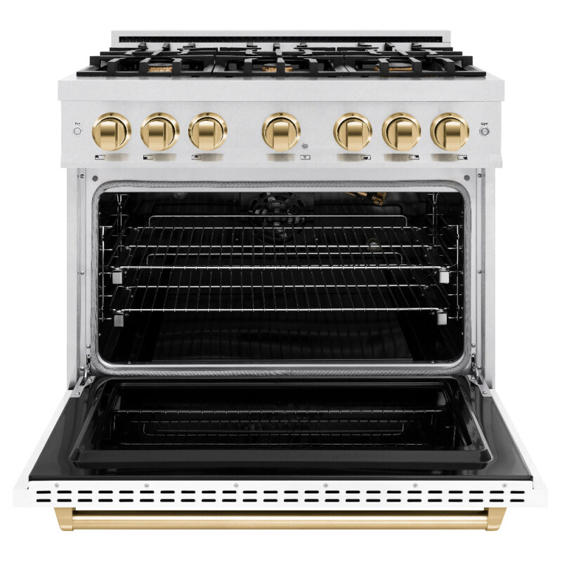 Autograph Edition 36 In. 5.2 Cu. Ft. Classic Gas Range With 6 Burner Cooktop And Convection Gas Oven In Satin Stainless Steel With White Matte Door And Polished Gold Accents CGRSZWM36G