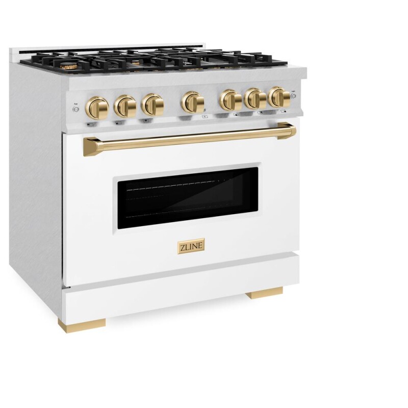 Autograph Edition 36 In. 5.2 Cu. Ft. Classic Gas Range With 6 Burner Cooktop And Convection Gas Oven In Satin Stainless Steel With White Matte Door And Polished Gold Accents CGRSZWM36G