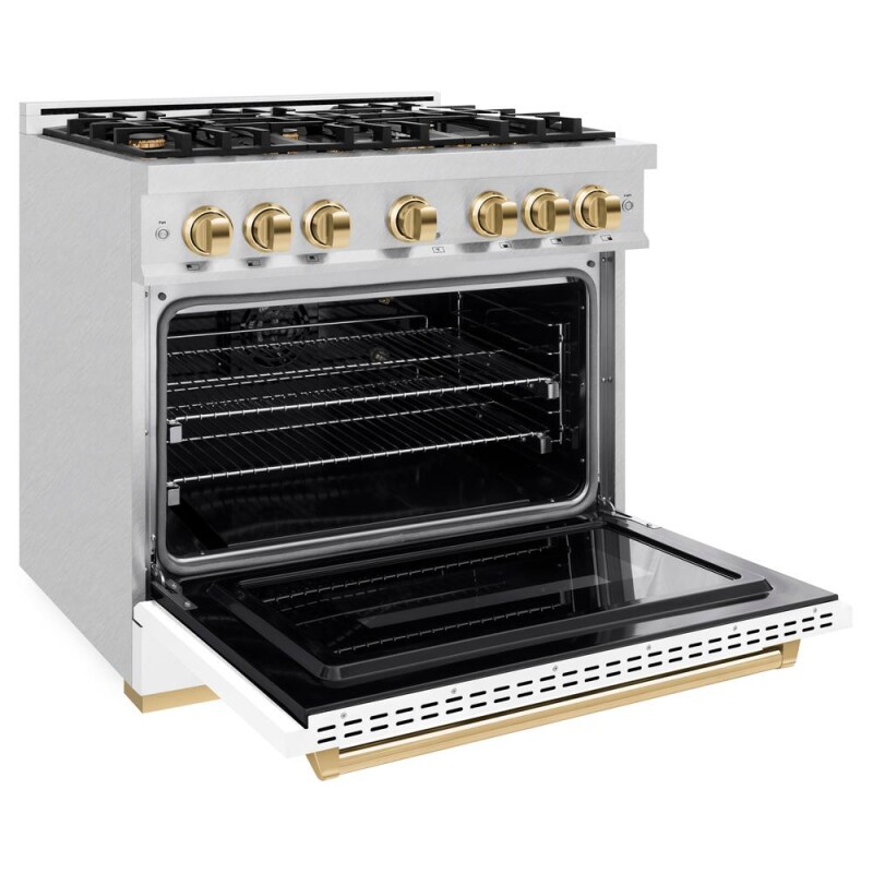 Autograph Edition 36 In. 5.2 Cu. Ft. Classic Gas Range With 6 Burner Cooktop And Convection Gas Oven In Satin Stainless Steel With White Matte Door And Polished Gold Accents CGRSZWM36G