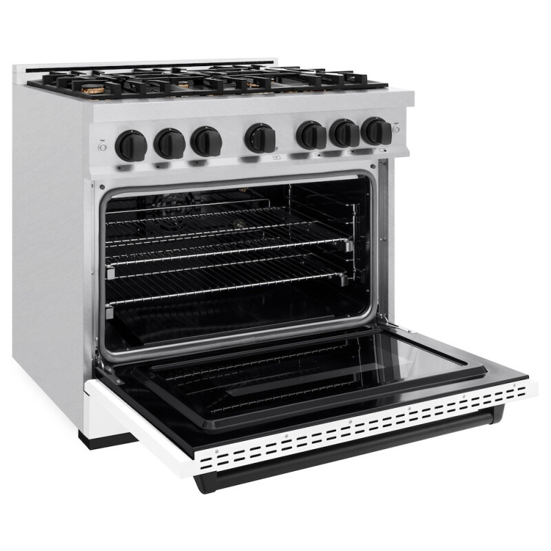 Autograph Edition 36 In. 5.2 Cu. Ft. Classic Gas Range With 6 Burner Cooktop And Convection Gas Oven In Satin Stainless Steel With White Matte Door And Matte Black Accents CGRSZWM36MB