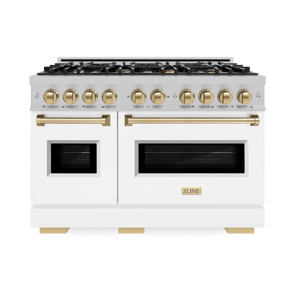 Autograph Edition 48 In. 6.7 Cu. Ft. Classic Double Oven Gas Range With 8 Burner Cooktop In Satin Stainless Steel With White Matte Doors And Champagne Bronze Accents CGRSZWM48CB