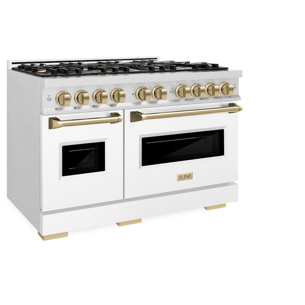 Autograph Edition 48 In. 6.7 Cu. Ft. Classic Double Oven Gas Range With 8 Burner Cooktop In Satin Stainless Steel With White Matte Doors And Champagne Bronze Accents CGRSZWM48CB