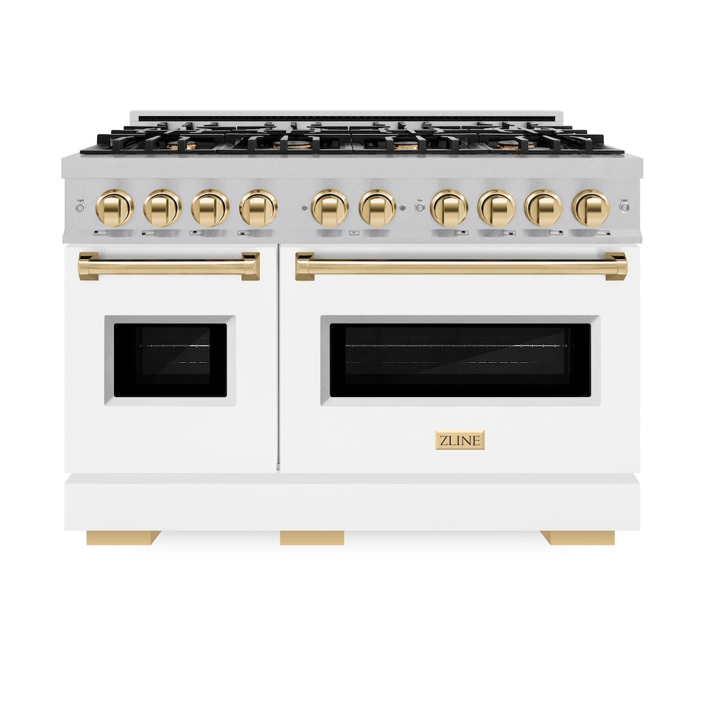 Autograph Edition 48 In. 6.7 Cu. Ft. Classic Double Oven Gas Range With 8 Burner Cooktop In Satin Stainless Steel With White Matte Doors And Polished Gold Accents CGRSZWM48G
