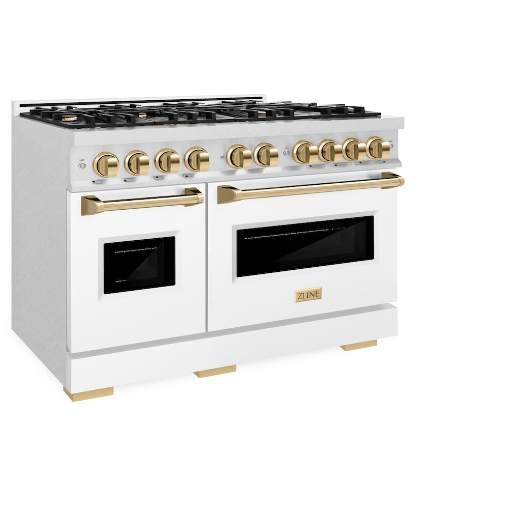 Autograph Edition 48 In. 6.7 Cu. Ft. Classic Double Oven Gas Range With 8 Burner Cooktop In Satin Stainless Steel With White Matte Doors And Polished Gold Accents CGRSZWM48G