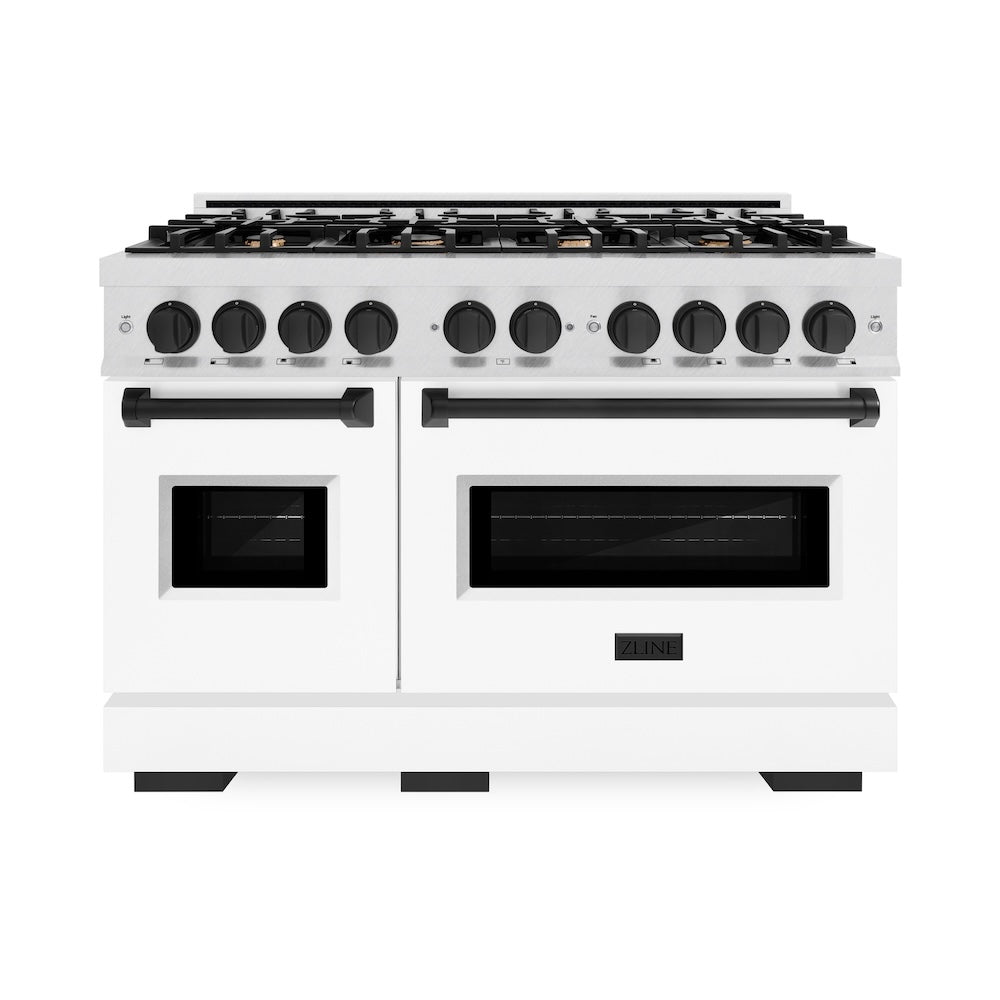 Autograph Edition 48 In. 6.7 Cu. Ft. Classic Double Oven Gas Range With 8 Burner Cooktop In Satin Stainless Steel With White Matte Doors And Matte Black Accents CGRSZWM48MB