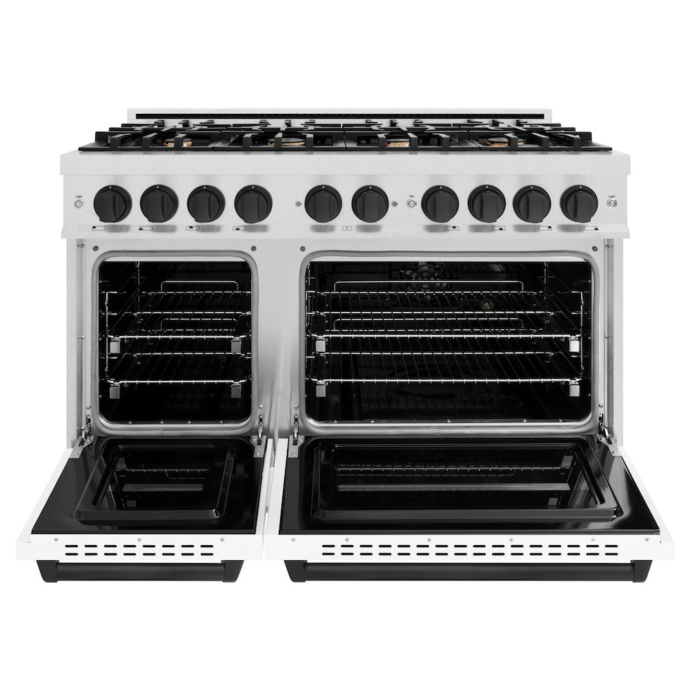 Autograph Edition 48 In. 6.7 Cu. Ft. Classic Double Oven Gas Range With 8 Burner Cooktop In Satin Stainless Steel With White Matte Doors And Matte Black Accents CGRSZWM48MB