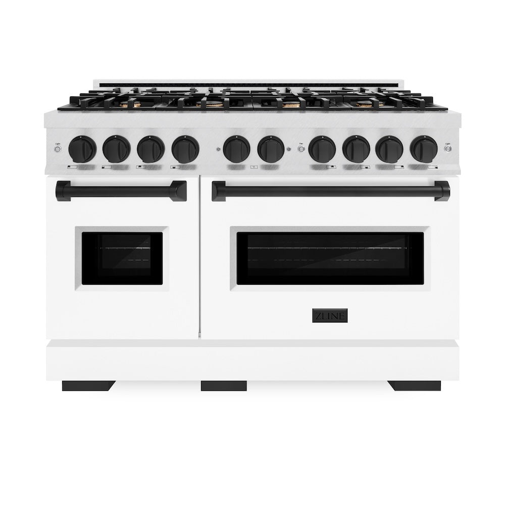 Autograph Edition 48 In. 6.7 Cu. Ft. Classic Double Oven Gas Range With 8 Burner Cooktop In Satin Stainless Steel With White Matte Doors And Matte Black Accents CGRSZWM48MB