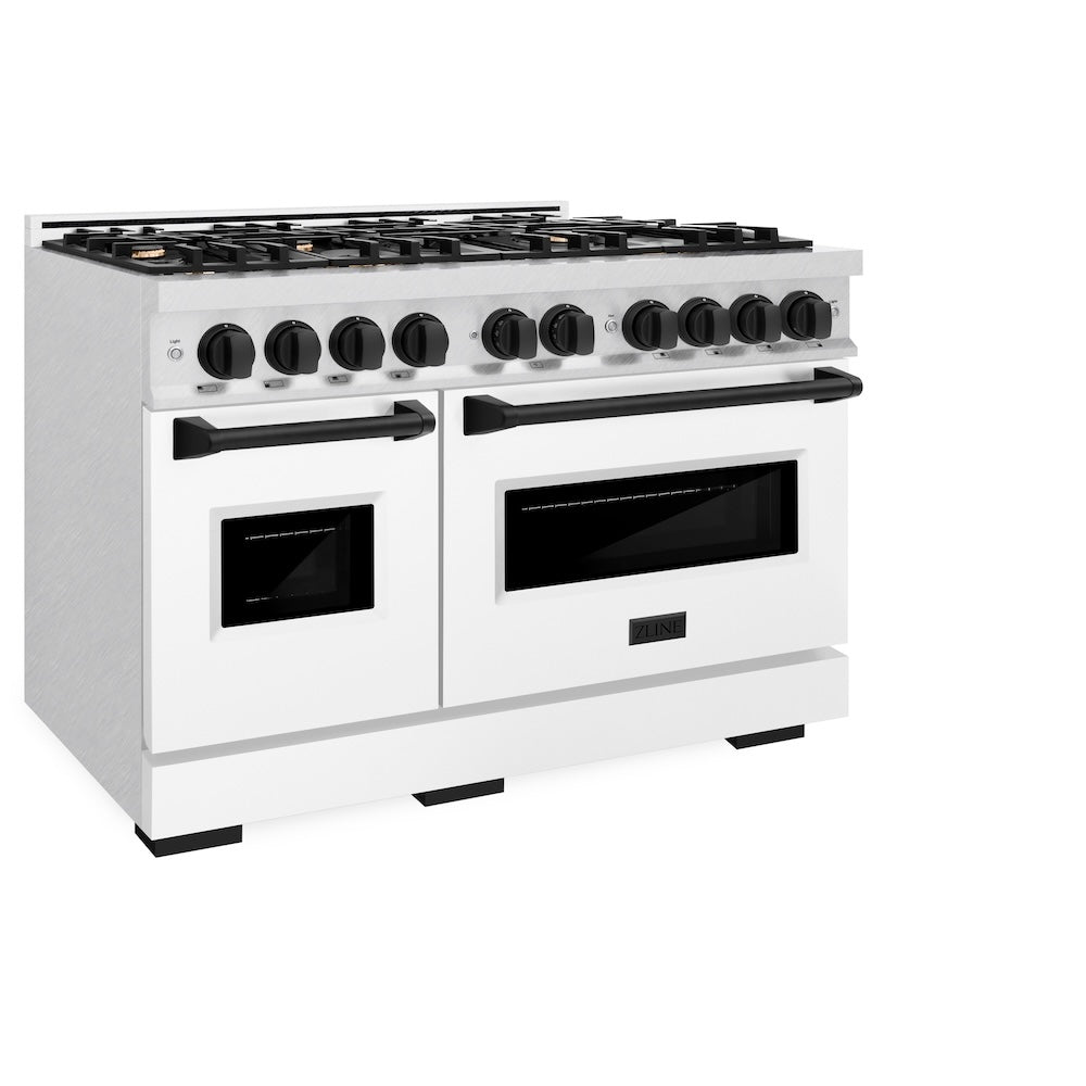 Autograph Edition 48 In. 6.7 Cu. Ft. Classic Double Oven Gas Range With 8 Burner Cooktop In Satin Stainless Steel With White Matte Doors And Matte Black Accents CGRSZWM48MB