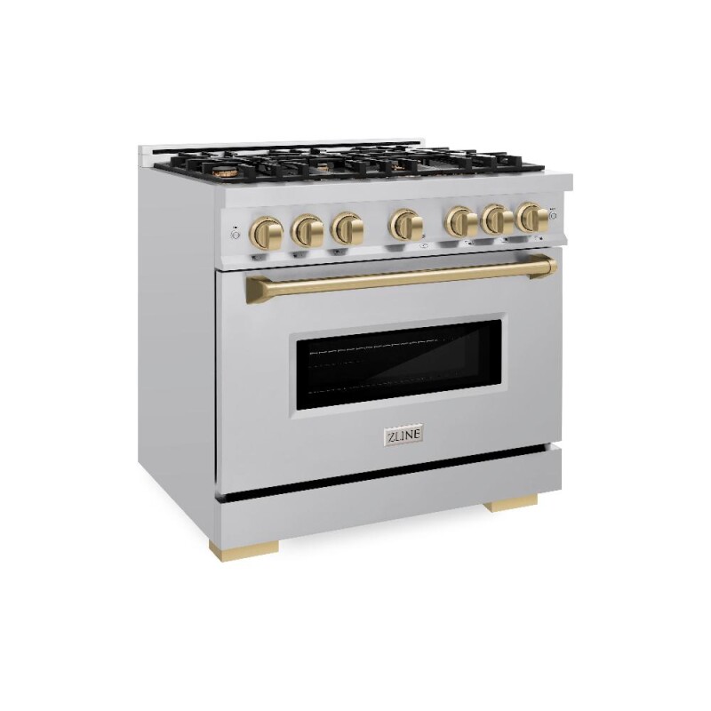 ZLINE Autograph Edition 36 in. 5.2 cu. ft. Classic Gas Range with 6 Burner Cooktop and Convection Gas Oven in Stainless Steel and Champagne Bronze Accents (CGRZ-36-CB) CGRZ36CB
