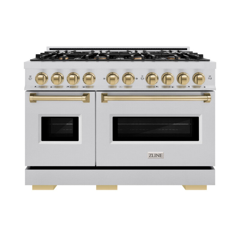 Autograph Edition 48 In. 6.7 Cu. Ft. Classic Double Oven Gas Range With 8 Burner Cooktop In Stainless Steel And Champagne Bronze Accents CGRZ48CB