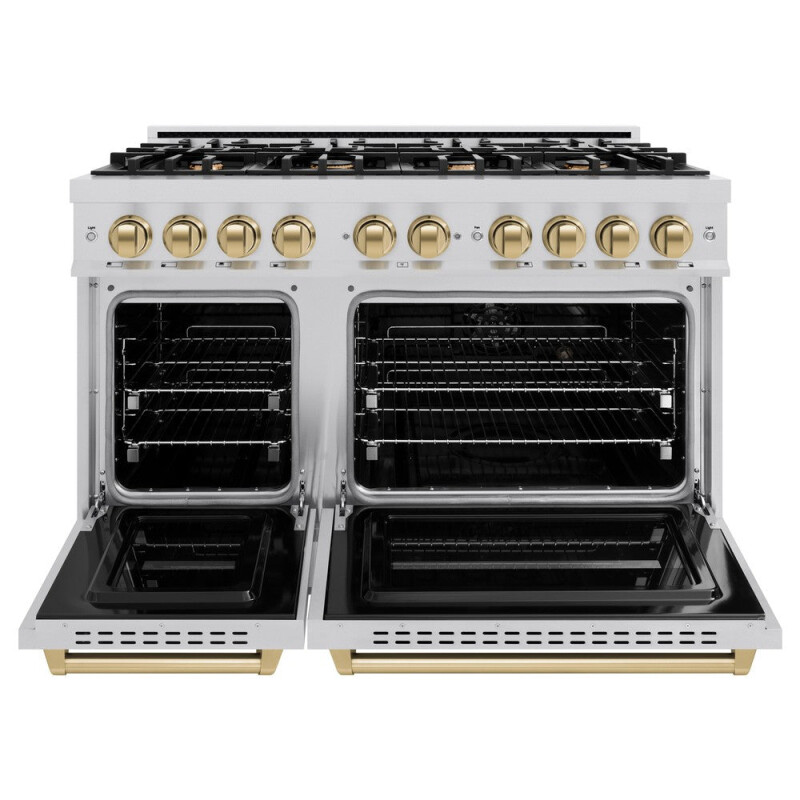 Autograph Edition 48 In. 6.7 Cu. Ft. Classic Double Oven Gas Range With 8 Burner Cooktop In Stainless Steel And Champagne Bronze Accents CGRZ48CB